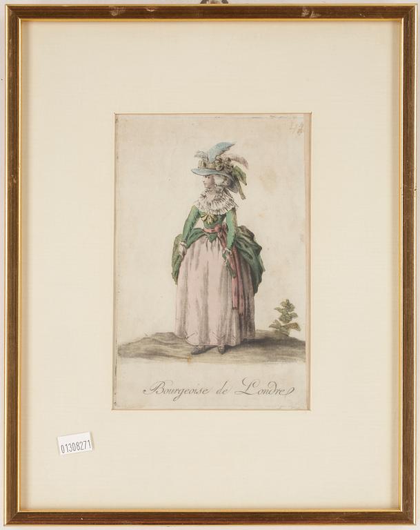 GRAVYRER, 2 st, handkolorerade, 1700-tal.