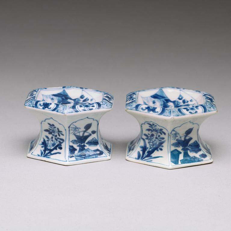 A pair of blue and white salts, Qing dynasty, Qianlong (1736-95).