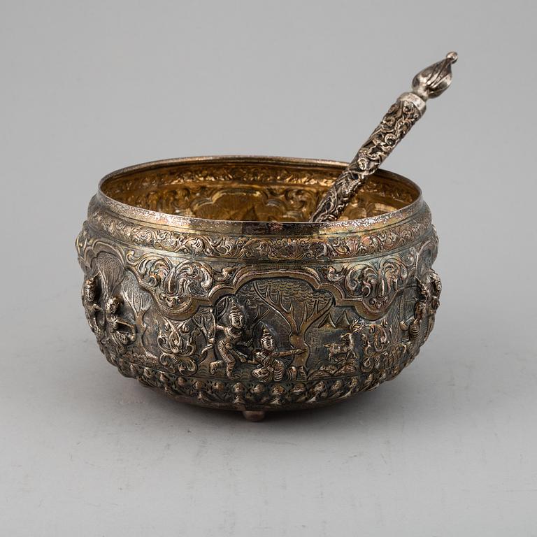 A silver bowl with a serving spoon, Thailand, 20th century.