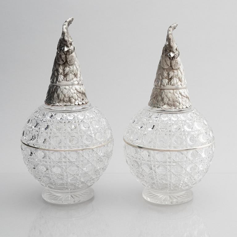 A pair of silver and cut-glass decanters, mark of Gratchev company, St. Petersburg 1908-1917.