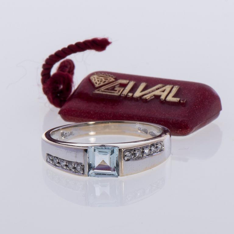 RING, 18K vitguld, diamanter tot. 0,08 ct, akvamarin 1,00 ct. Italien. Vikt 3,9 g.