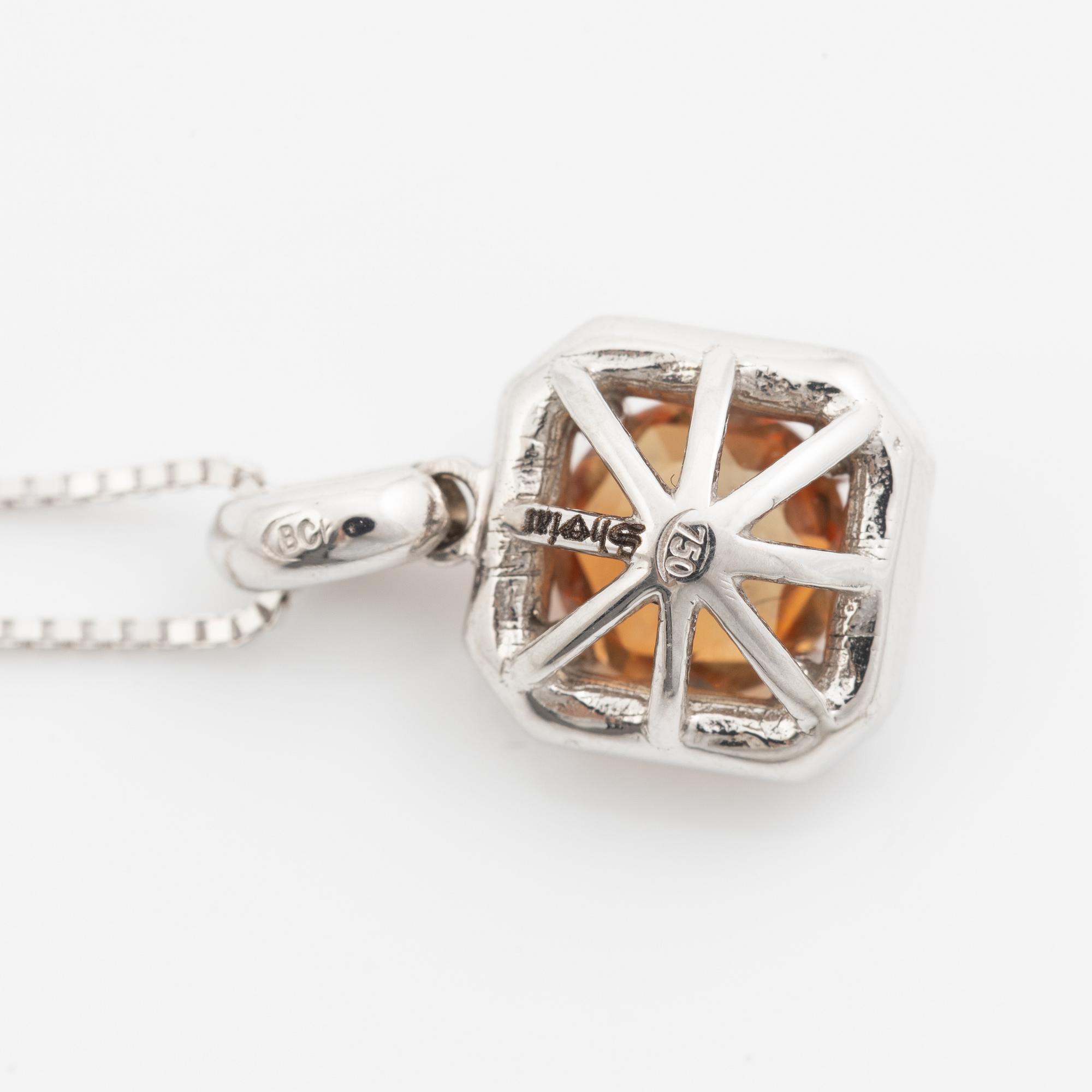 Necklace with orange-brown rose-cut sapphire and brilliant-cut diamonds.