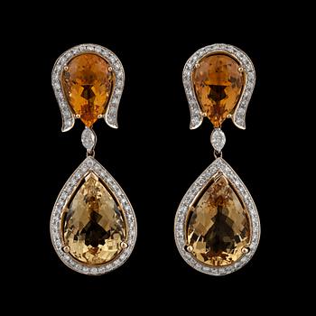 1036. A pair of citrine, yellow beryl and diamond earrings.