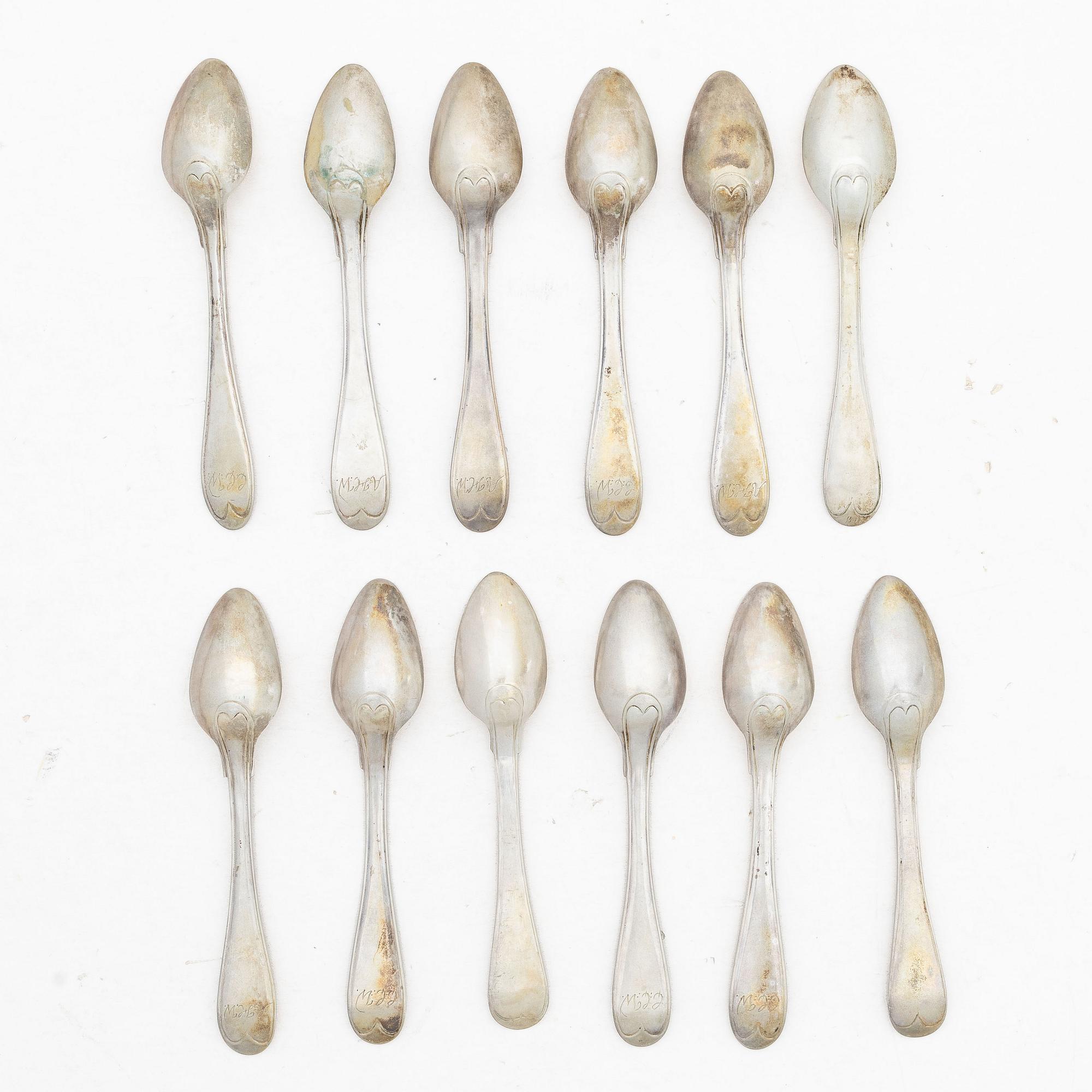Twelve Swedish silver teaspoons, 19th–20th century.