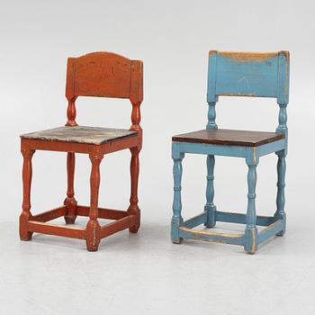 Chairs, five pieces, similar, folk art, late 19th century.