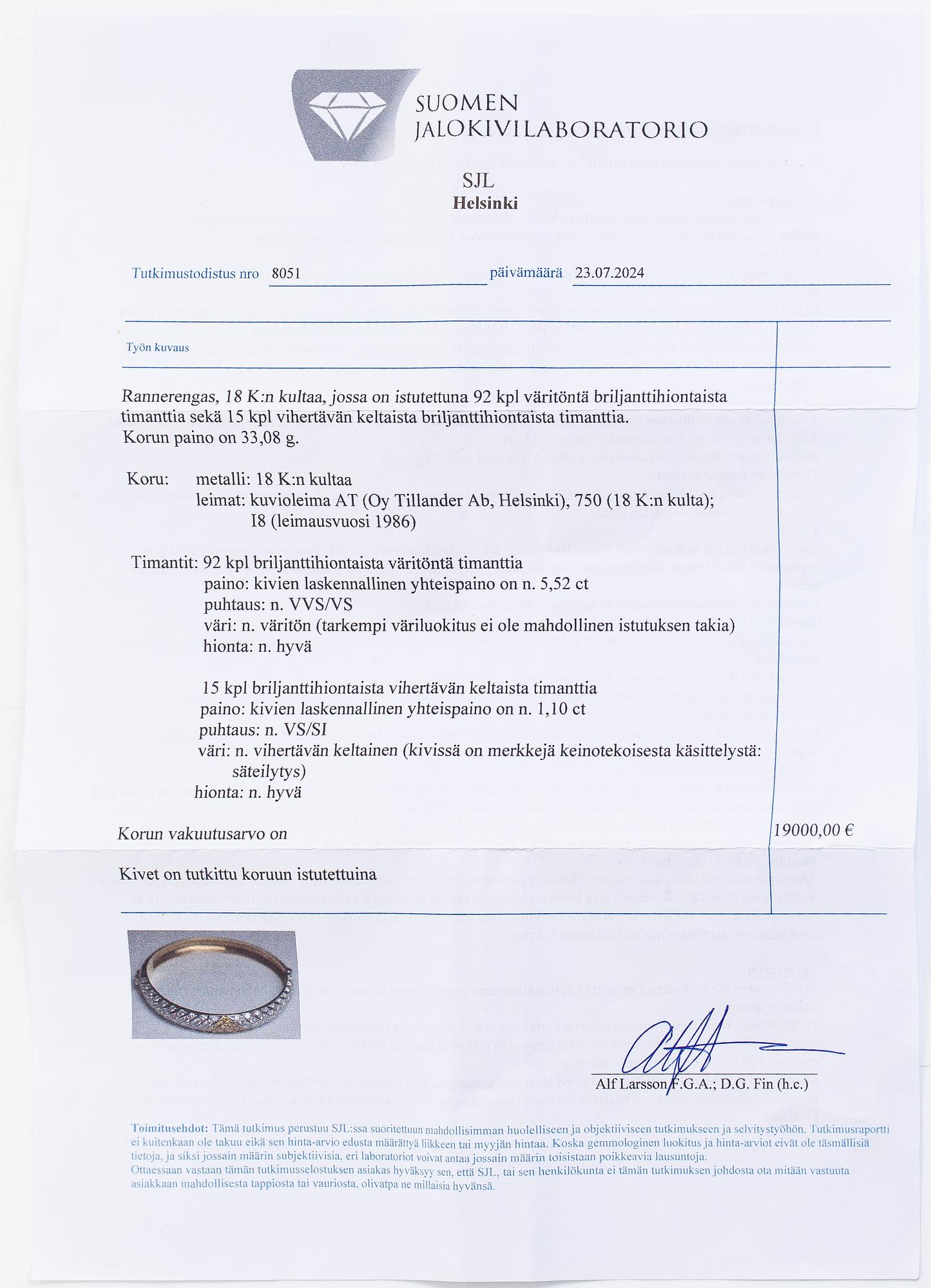 Tillander, armring, 18K guld med briljantslipade diamanter totalt ca 6.62 ct, Helsingfors 1986.