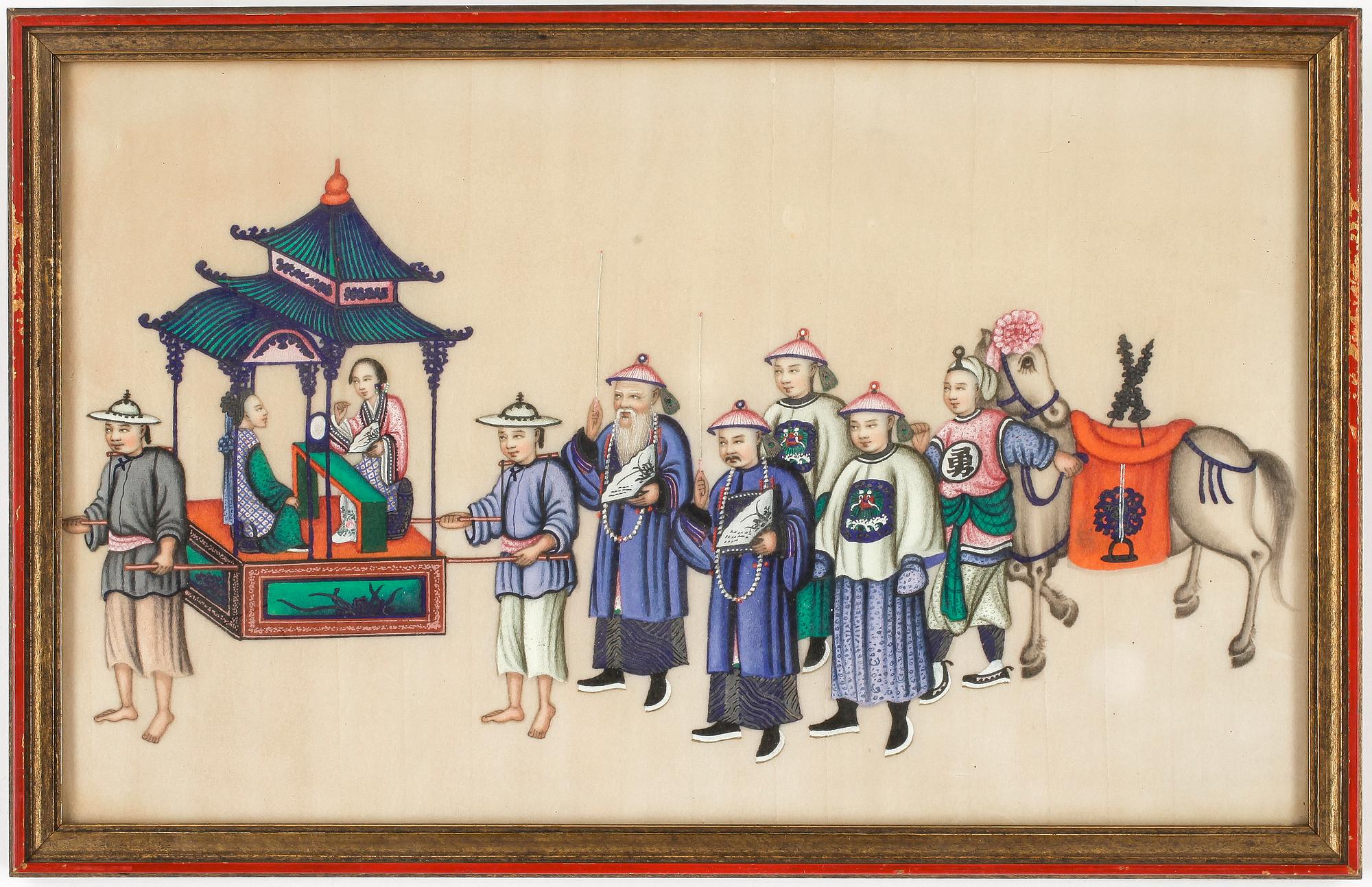 GOUACHER, 7 st, på rispapper, Kina 1800-tal.