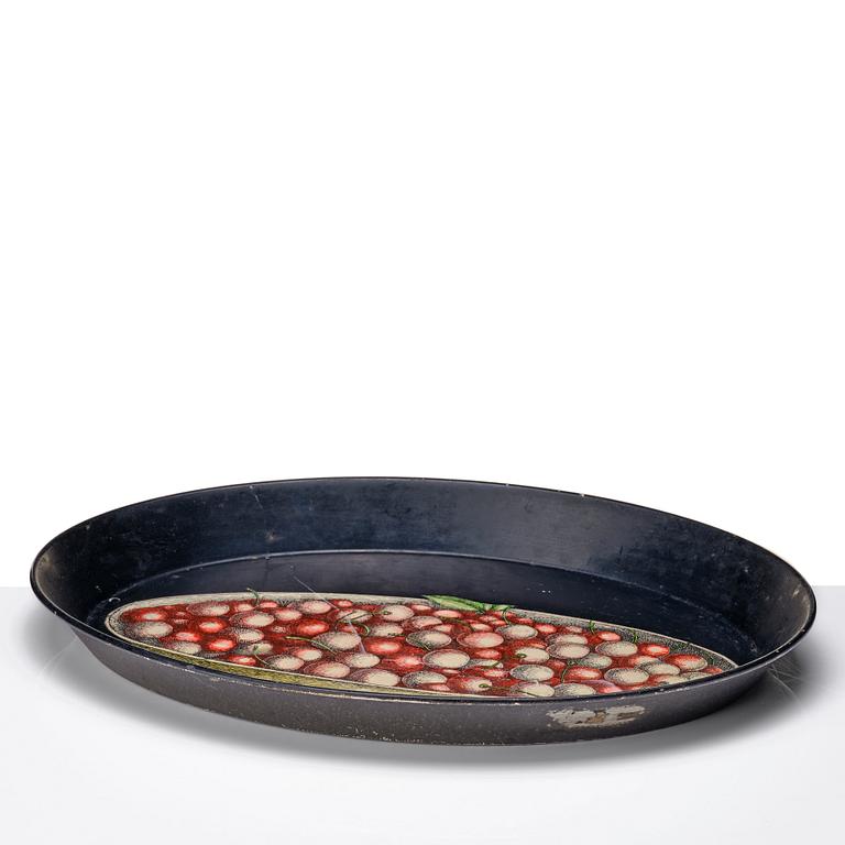 Piero Fornasetti, an oval printed and lacquered sheet metal tray, Milan, Italy probably 1960's.