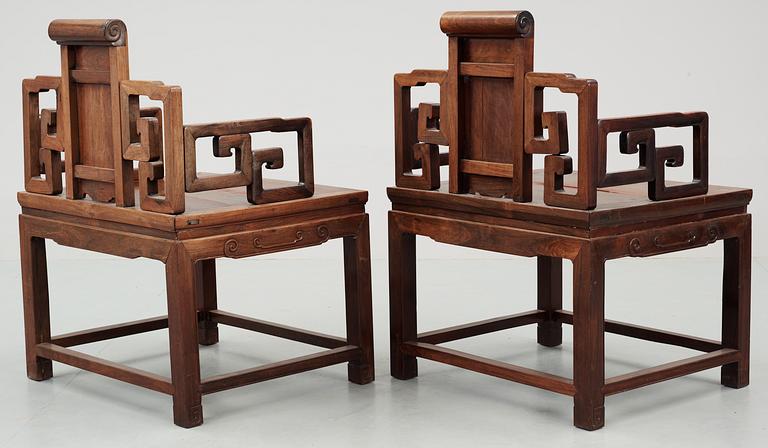A pair of hardwood chairs, Qing dynasty. Possibly Huanghuali.