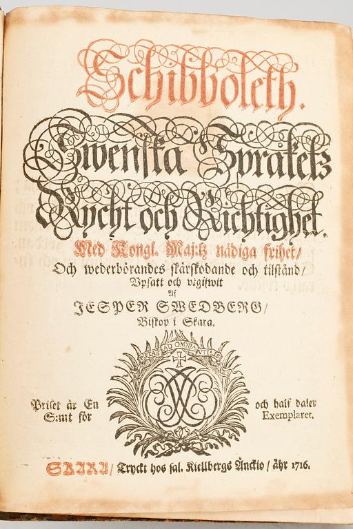 BOK, "Schibboleth, Swenska Språkets Rycht och Richtighet" av Jesper Sedberg, Skara 1716.