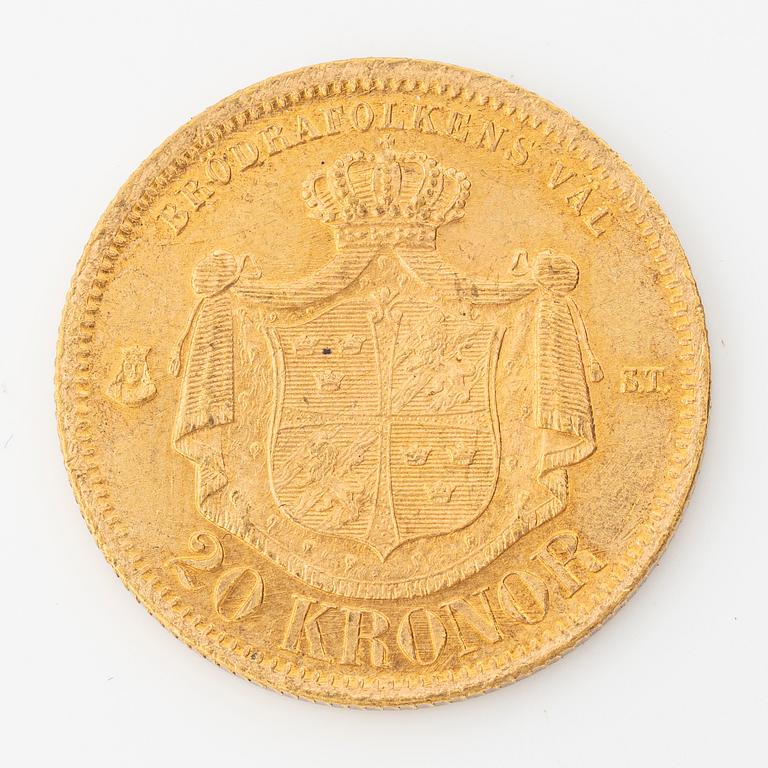 Gold coin, Oscar II, 20 kronor, type I, Sweden 1875.