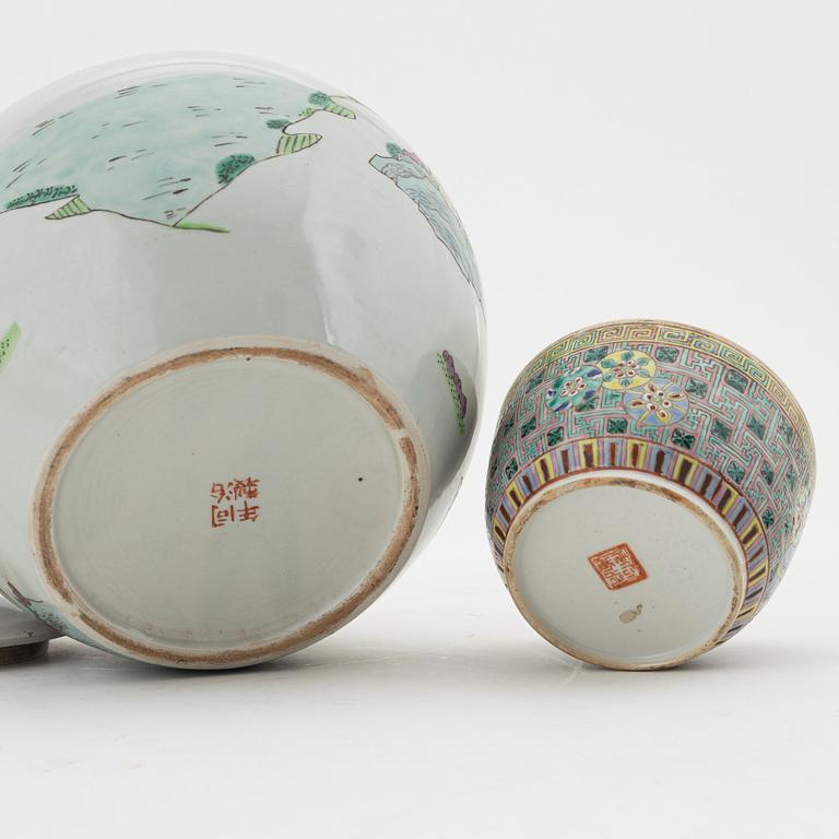 A famille rose jar with cover, box with cover and a dish and a bowl, China, circa 1900.