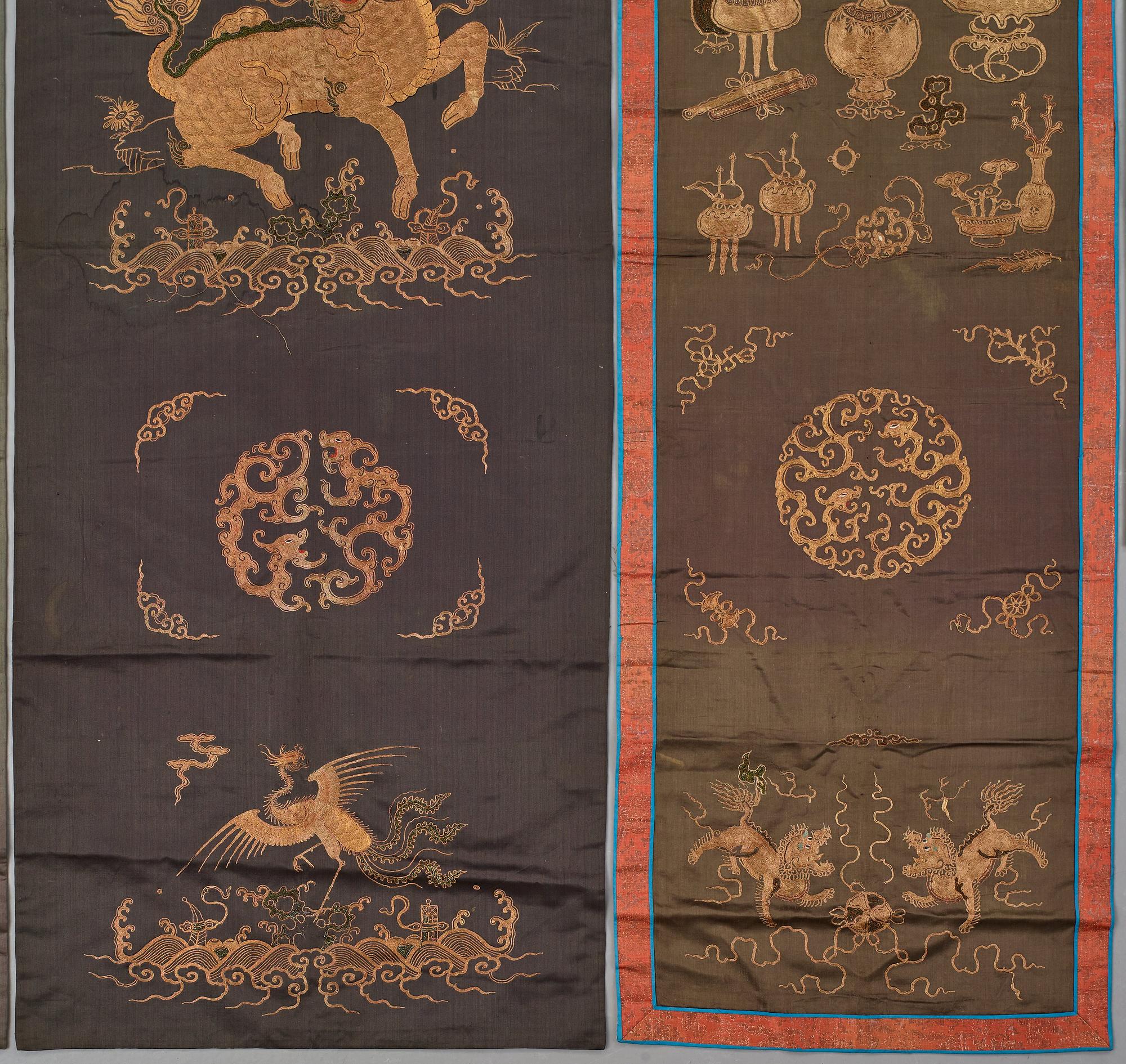 A set of five embroidered silk panels/chair covers, Qing dynasty (1644-1912).