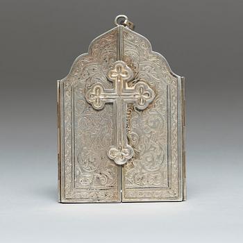 A Russian 19th century parcel-gilt triptyk, marks of Nicholai Pokrovsky, Moscow 1868-1897.