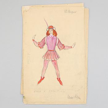Seven costume sketches by César klein from Shakespears Twelfth Night, signed.