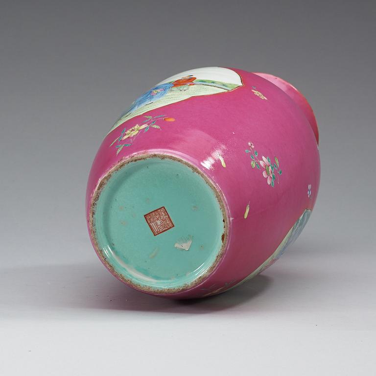 A pink ground famille rose vase, China, 20th Century, with sealmark in red.