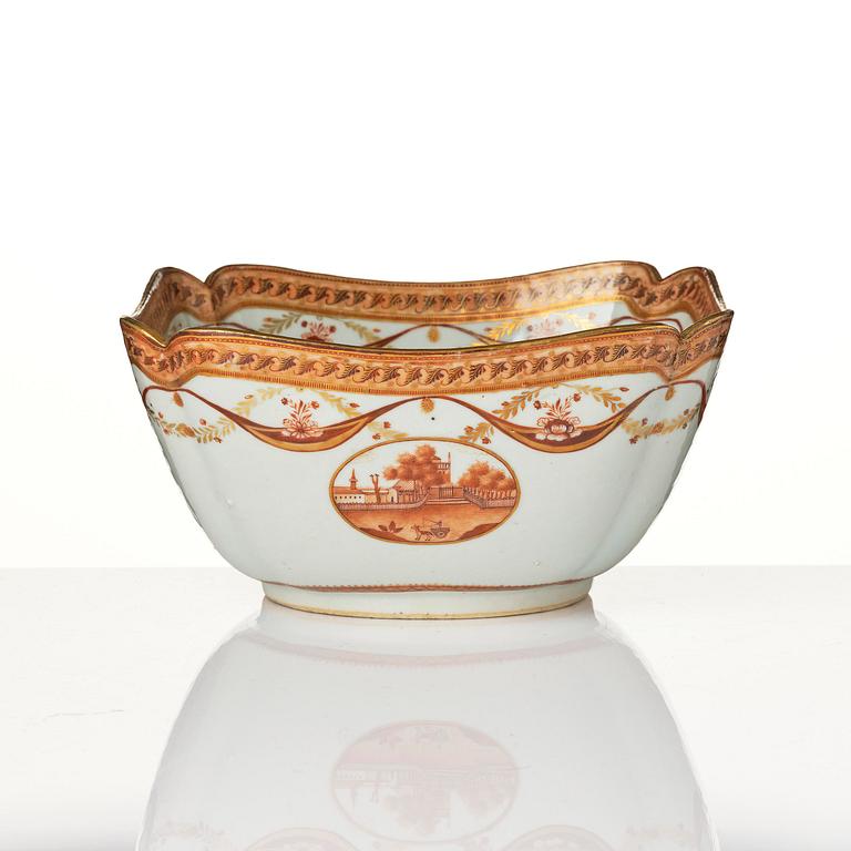 An oval vegetable tureen with cover and a pillow shaped bowl, Qing dynasty, late 18th century.