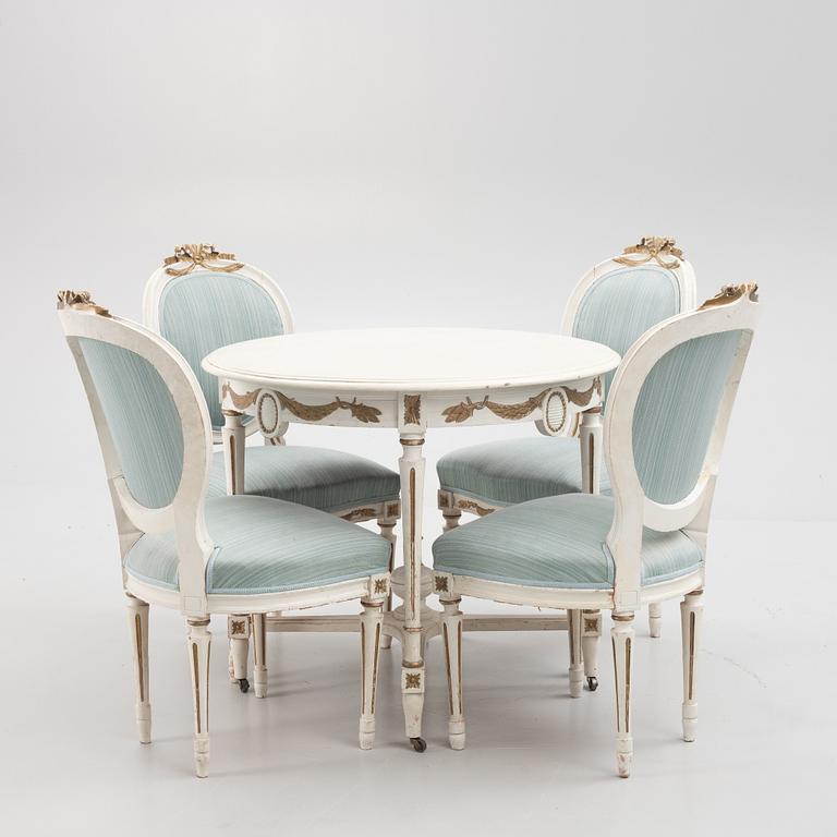 Chairs 4 pcs and table, Gustavian style, from around the year 1900.