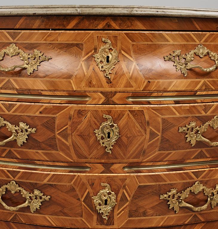 A rococo  gilt-brass mounted and rosewood parquetry commode by J. H. Reimers (master in Stockholm 1754-73).