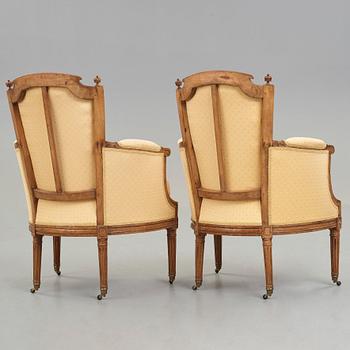 A pair of Louis XVI late 18th century bergeres by Claude Lerat (master in Paris 1785).