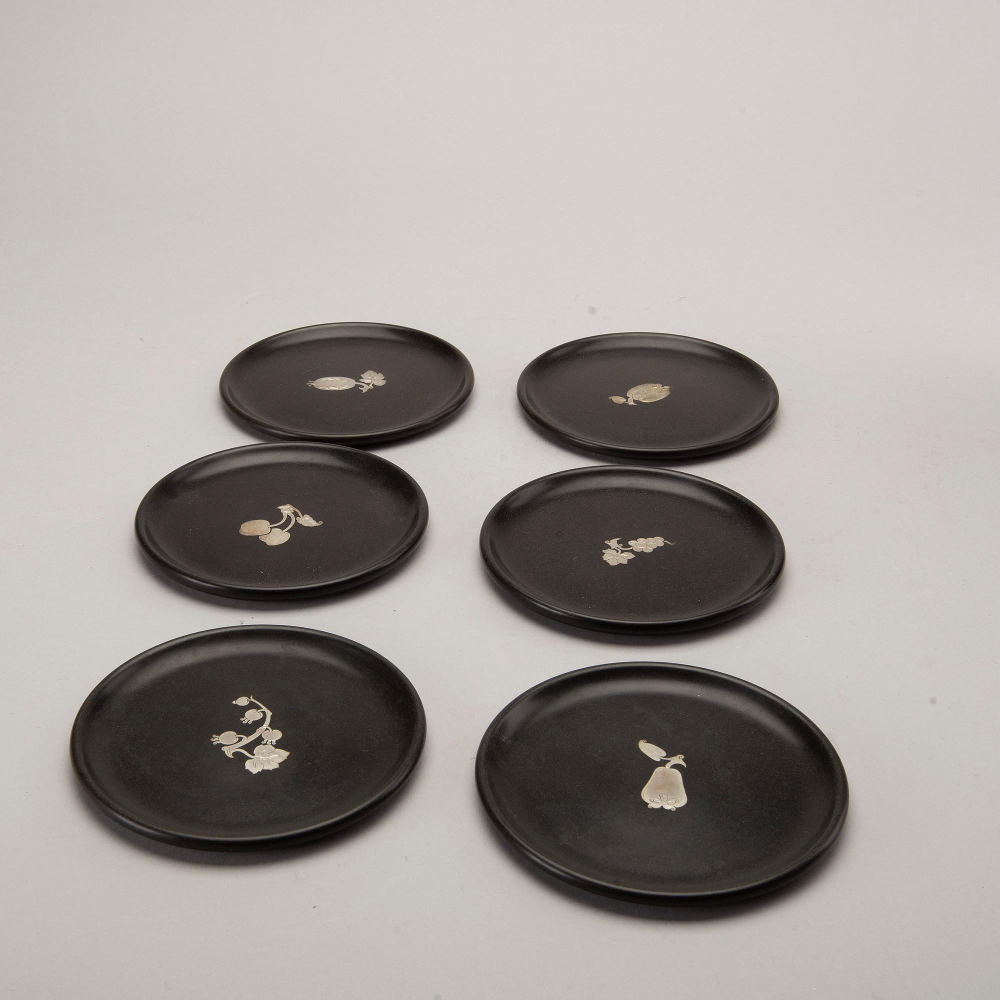 A Swedish 20th century set of 14 plates in bakelite and silver mark of T Wendt Helsingborg 1945.
