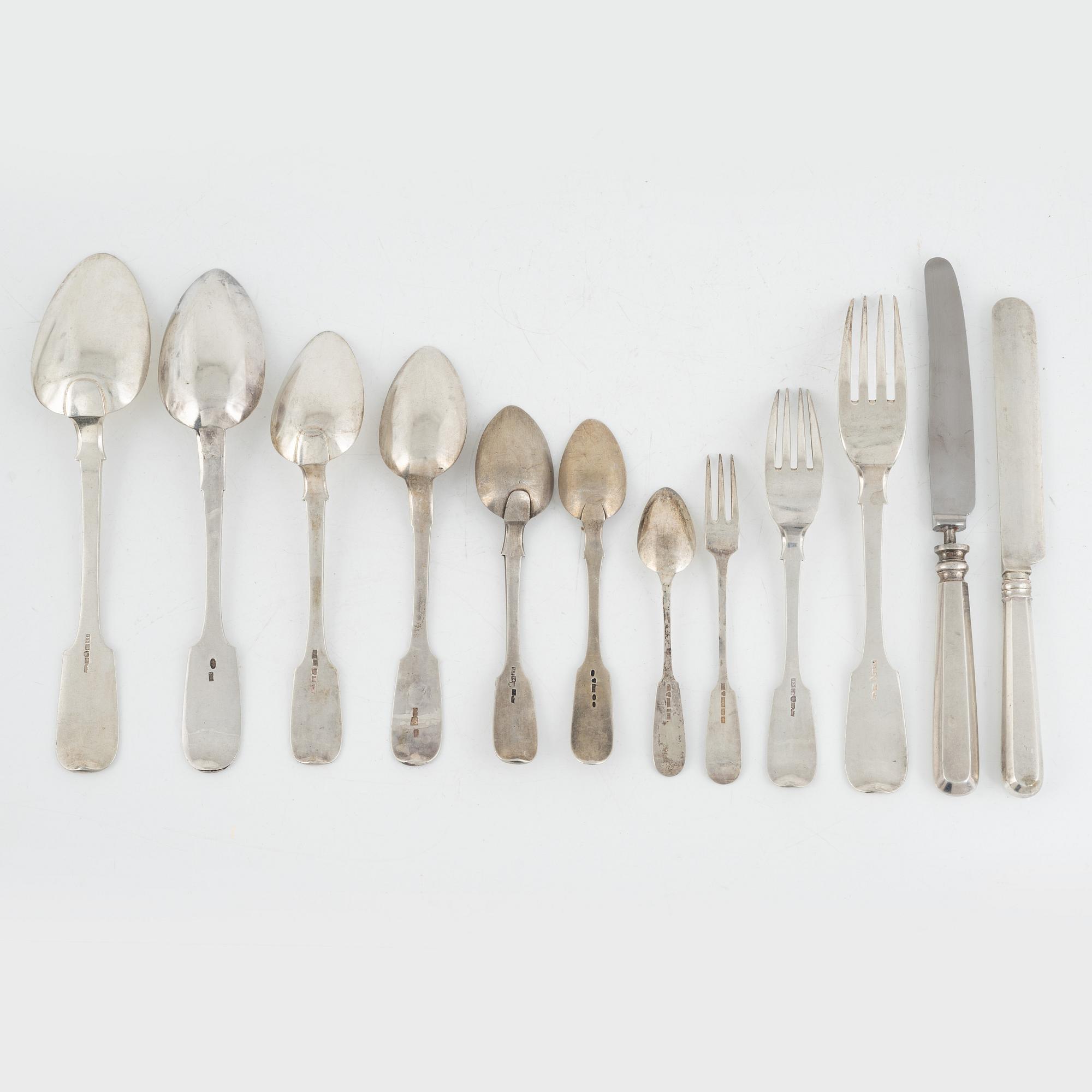 Bestickservis, 76 delar, silver, Finland och Ryssland, mestadels Johan Edvard Fagerroos, Helsingfors, 1860.