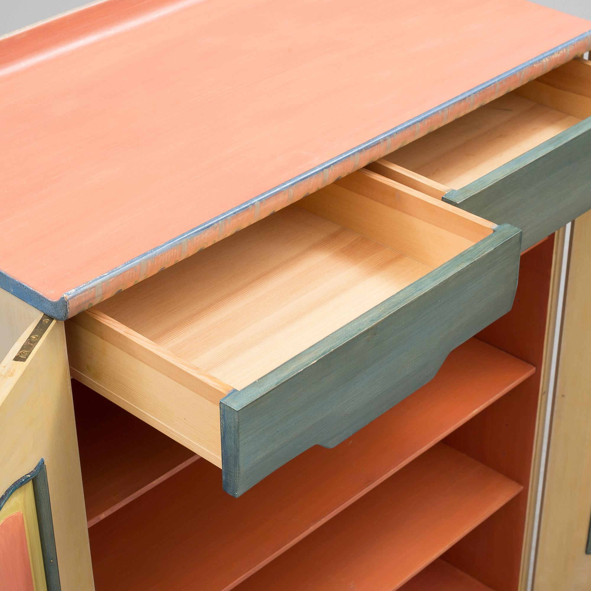 A Vidar Malmsten painted cabinet, Carl Malmsten AB, Sweden 1985, decorated by Liselotte Malmsten.