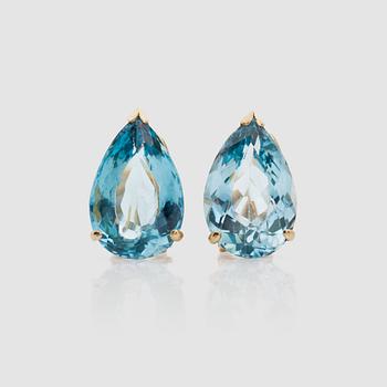 1103. A pair of pear-shaped aquamarine earrings.