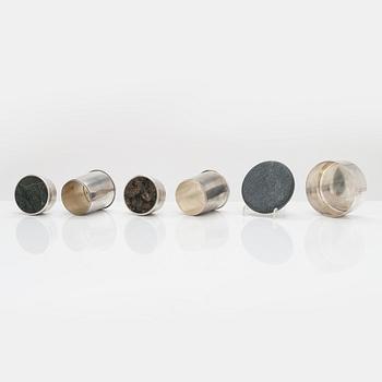 Pekka Piekäinen, a set of three silver and natural stone jars. Auran kultaseppä, Turku 1972, Tarkiainen, Helsinki 1985.