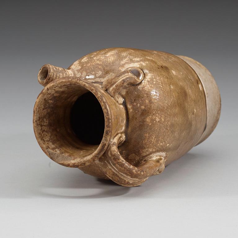 A olive glazed ewer, presumably Liao dynasty (916-1125).