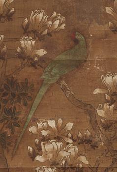 A hanging scroll of birds and magnolia in a garden, Qing dynasty.