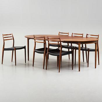 NIELS OLE MØLLER, matbord med sex stolar, modell 78, JL Møller, Danmark 1960-tal.