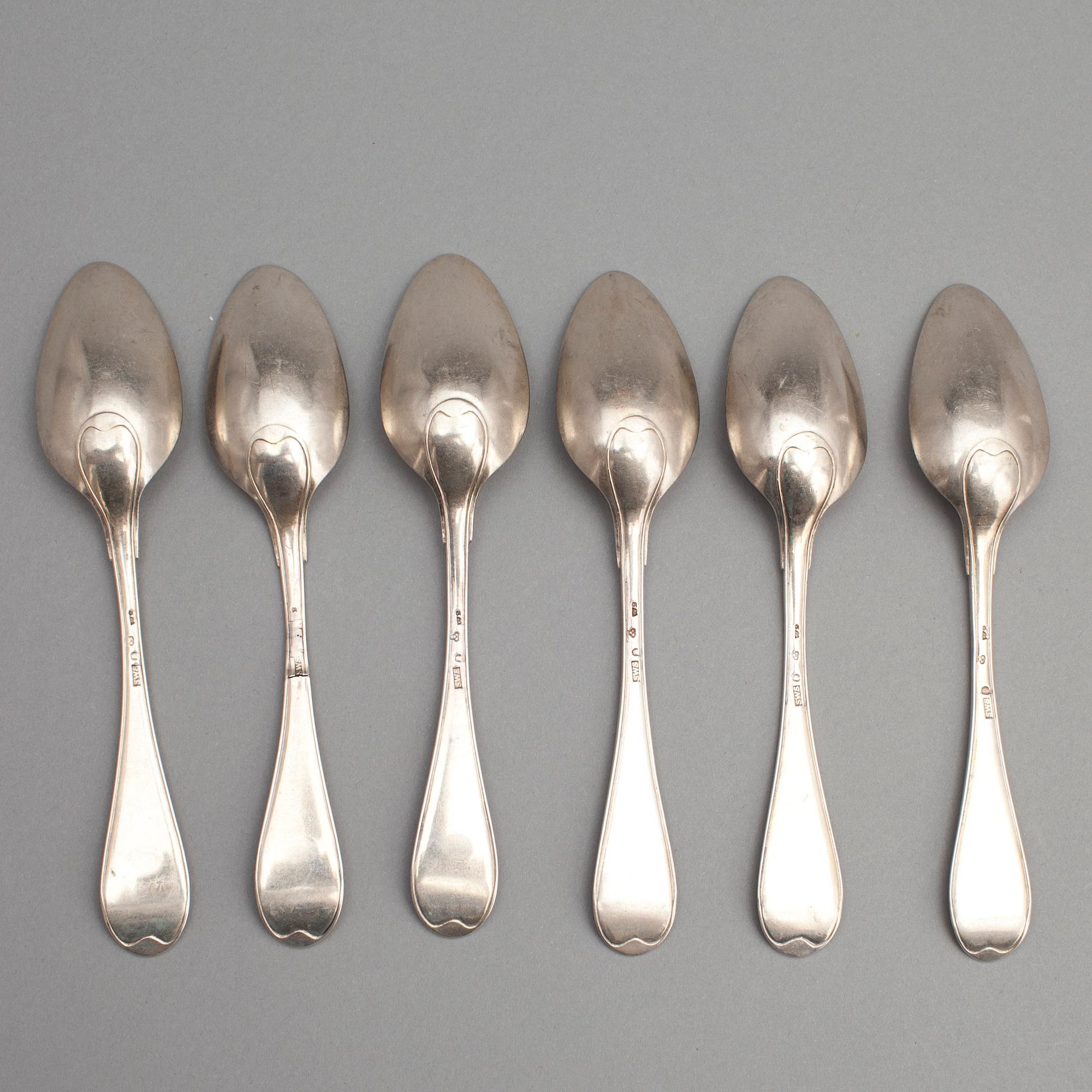 DESSERTSKEDAR, 6 st, silver, Stephan Westerstråhle, Stockholm 1803. Tot ca 230 gram.