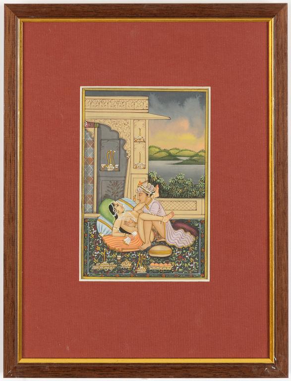 Unidentified artist, Erotic scenes in palace setting, India, 20th century. Three pieces.