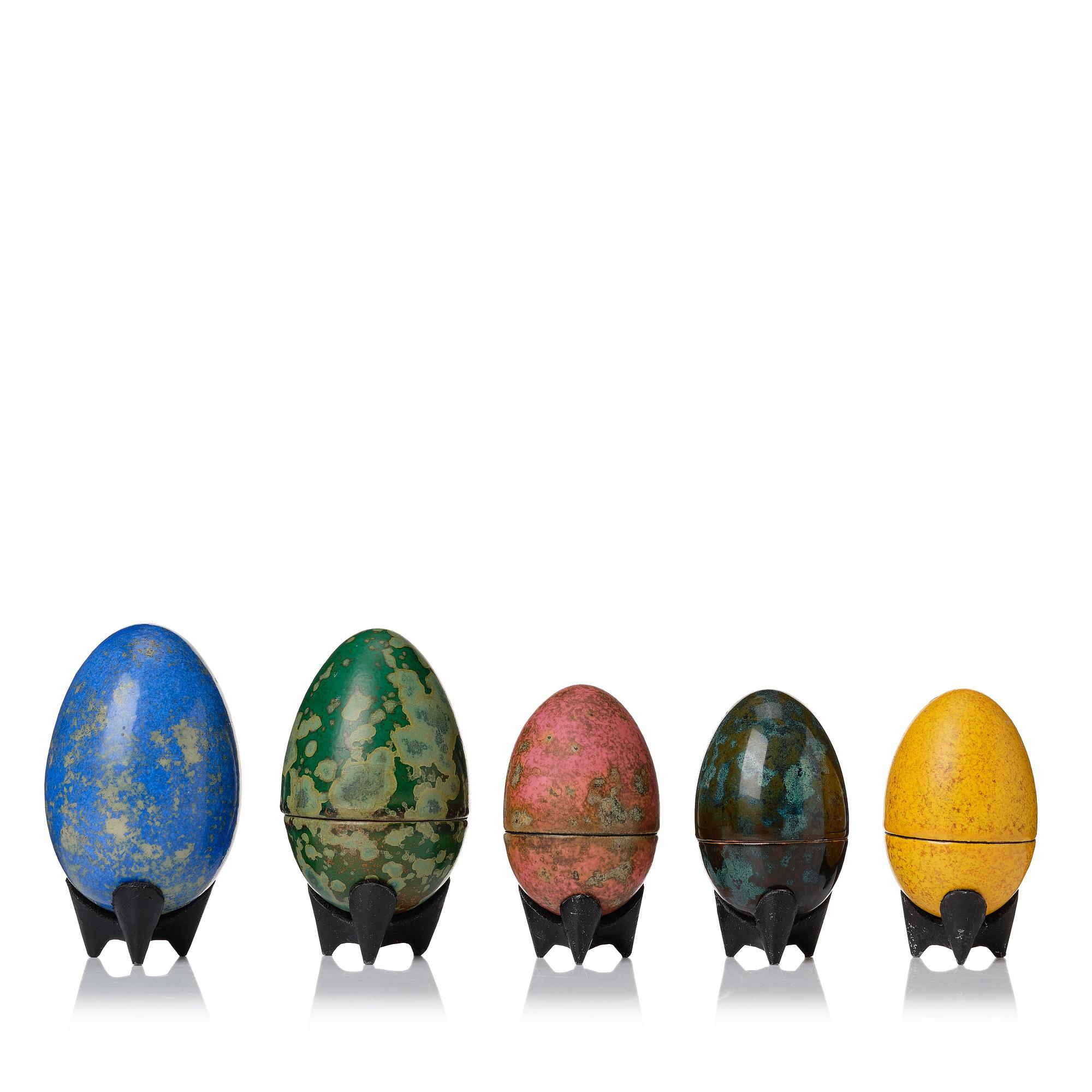 Hans Hedberg, a set of five faience sculptures of eggs, Biot, France.