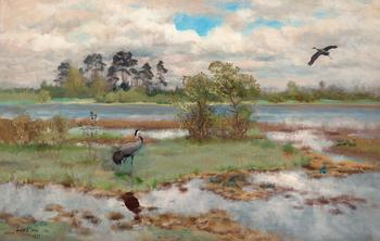 313. Bruno Liljefors, Landscape with cranes at water´s edge.