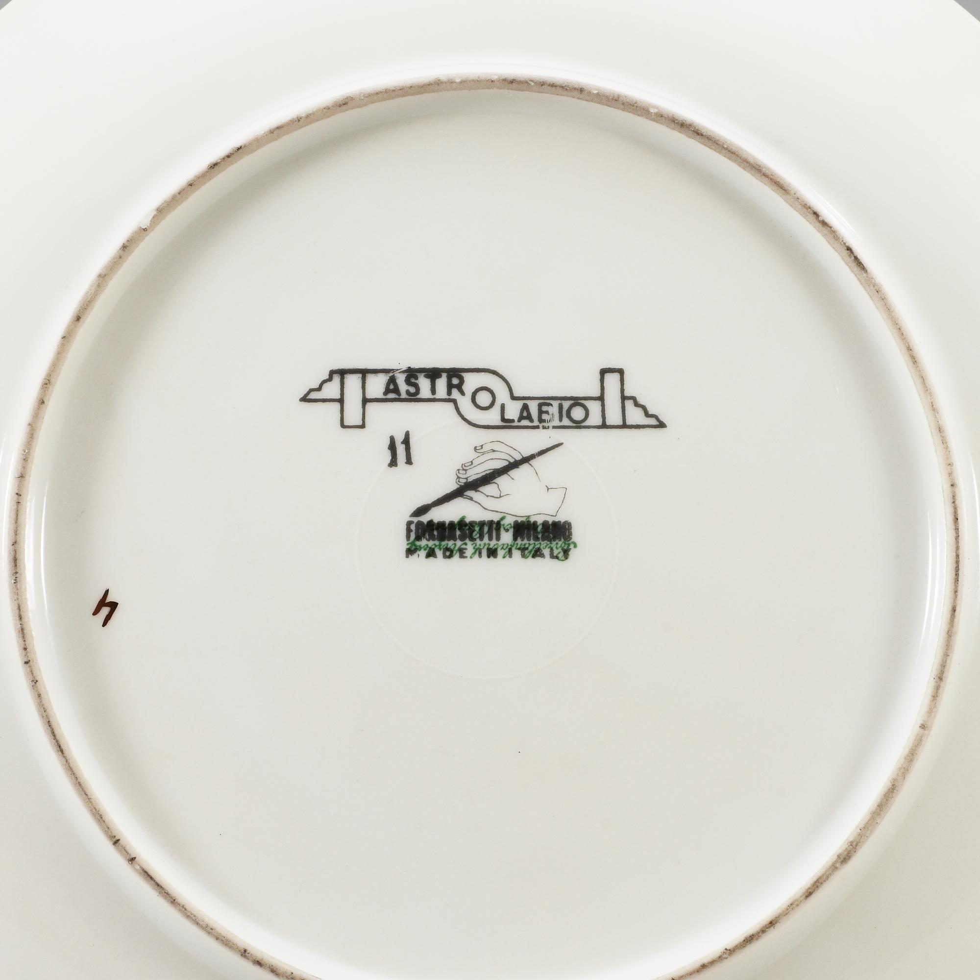A set of twelve Piero Fornasetti 'Astro labio' porcelain plates, Milan, Italy.