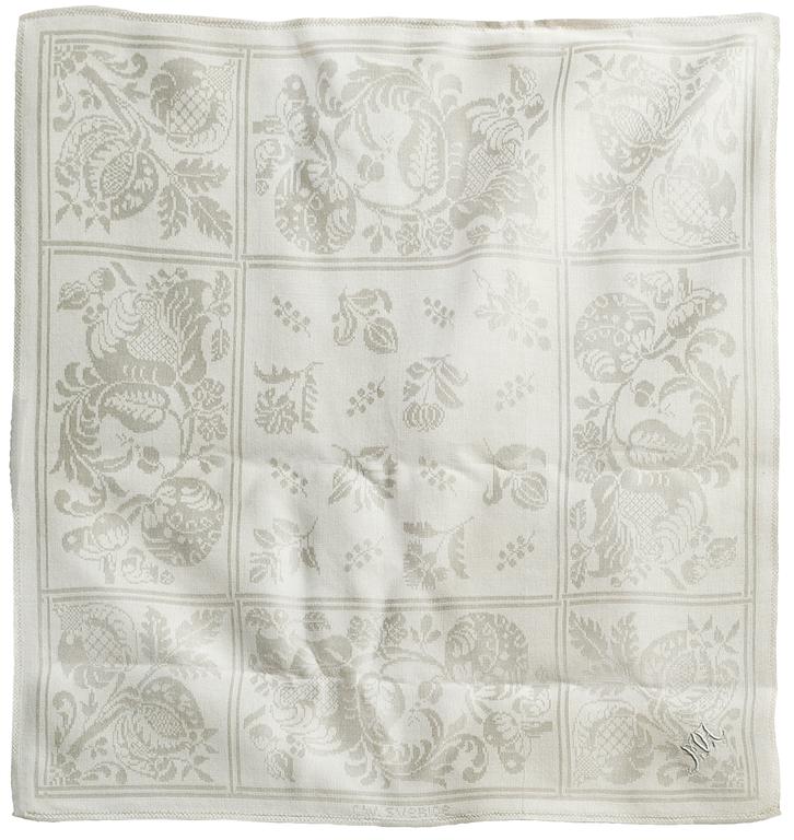 DUK OCH SERVIETTER, 10 st. Linnedamast.  Duken 346 x 147 cm, servietterna ca 58 x 59,5 cm vardera.