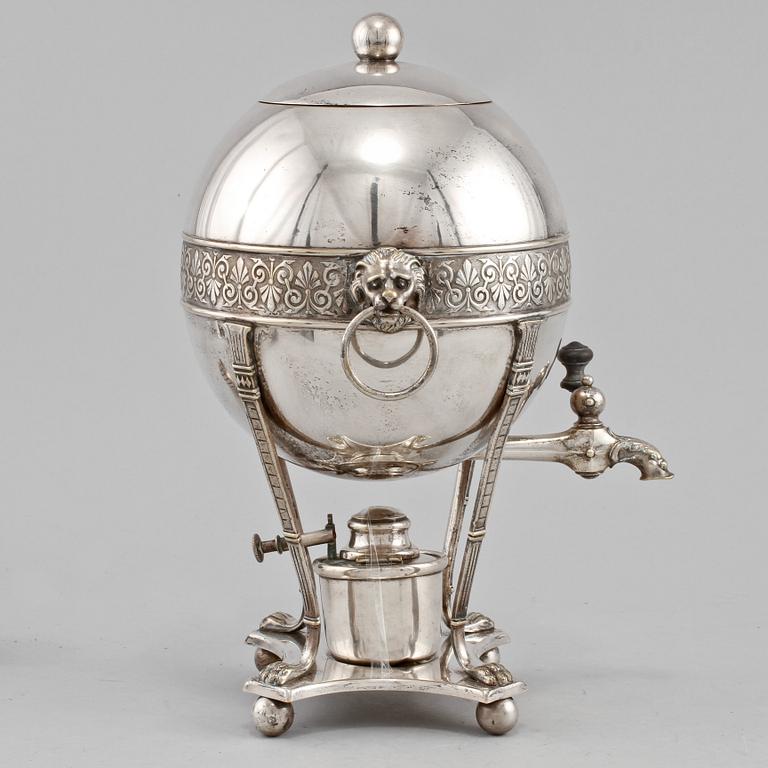 SAMOVAR, SLEV, samt FAT, WMF, vitmetall, omkring 1900.