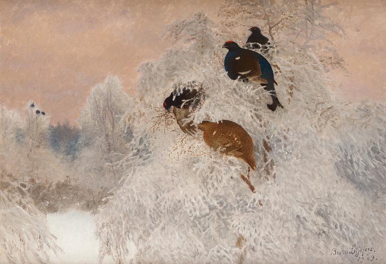 Bruno Liljefors, Winter landscape with black grouse.