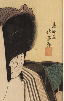 A Japanese color woodblock print by Shunkosai Hokushu, circa 1830.