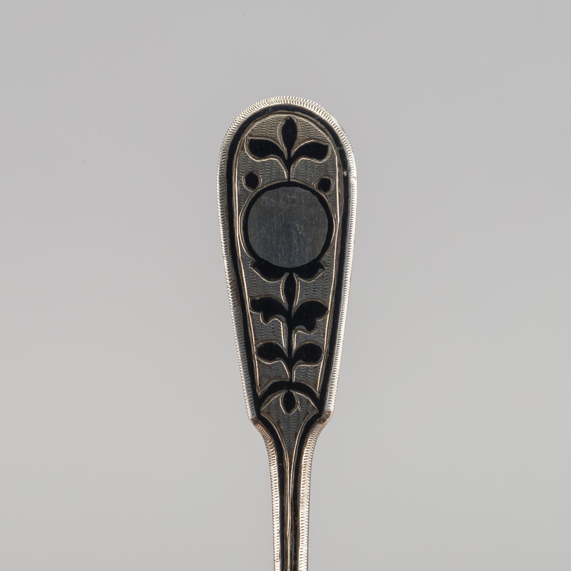 A set of six Russian silver and enamel spoons, around 1900 weight ca 195 gr.