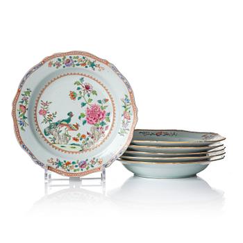 1111. A set of six famille rose 'double peacock' soup dishes, Qing dynasty, Qianlong (1736-95).