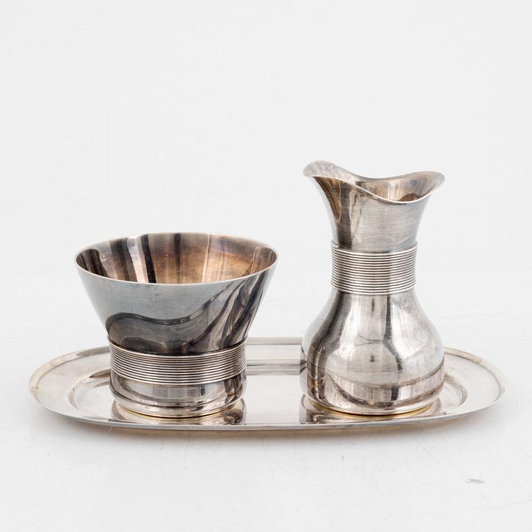 Sugar bowl, creamer, and tray, sterling silver, including pieces by KG Markströms, Uppsala 1967.