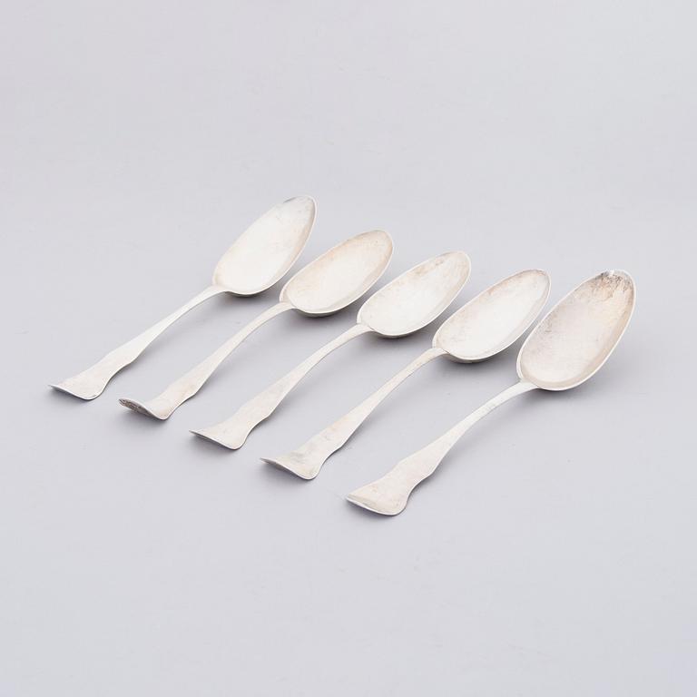 A set of five silver spoons, mark of Jakob Persson Lang, Brahestad, Finland 1787.