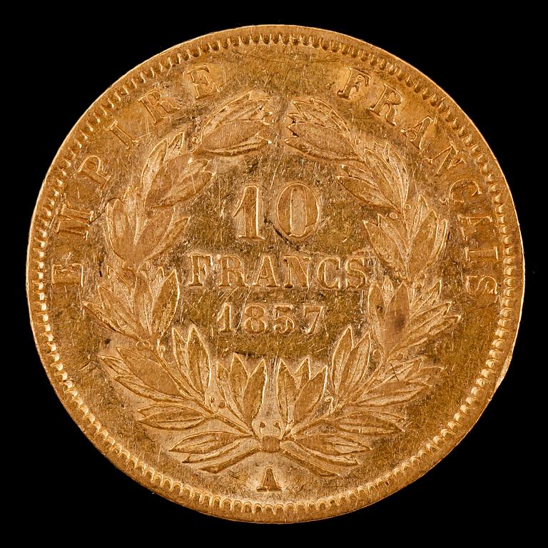 GULDMYNT, 10 fr, Napoleon III, Frankrike, 1857. Vikt ca 3 g.
