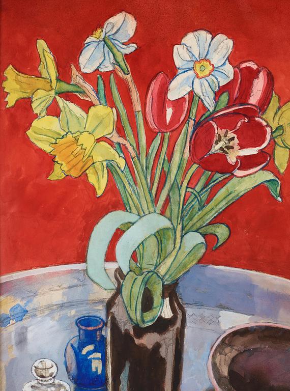 Hilding Linnqvist, Still life with spring bouquet in a vase against a red background.