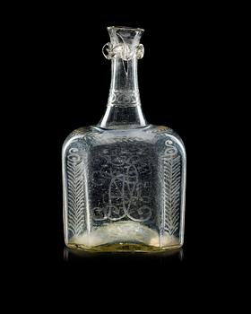632. FLASKA, glas. Möjligen Skånska Glasbruket. 1700-talets andra hälft.