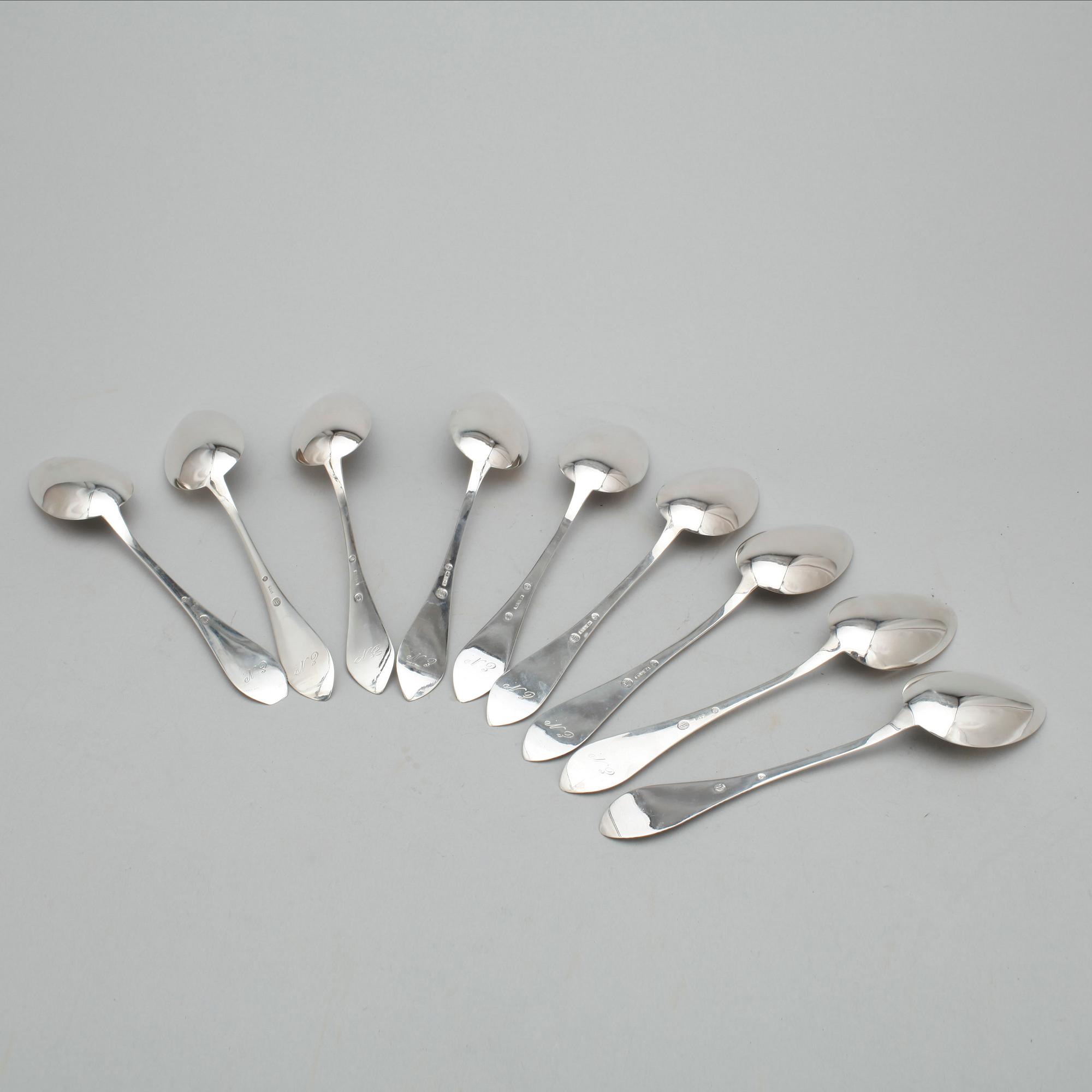 MATSKEDAR, 9 st, silver, Cecilie Elisabeth Hansen, Randers, Danmark 1918-1925. Total vikt ca 318 gram.