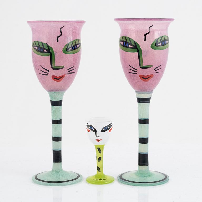 Ulrica Hydman-Vallien, "Open Minds", 2 goblets and 1 shot glass, Kosta Boda.
